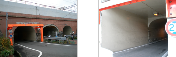 甲子園口駅東側の新堀川橋梁･･･レンガ積みのきれいなアーチ橋(写真左）だが、南側はコンクリートで1線分継ぎ足されている。武庫川線乗り入れのため線増(写真右）