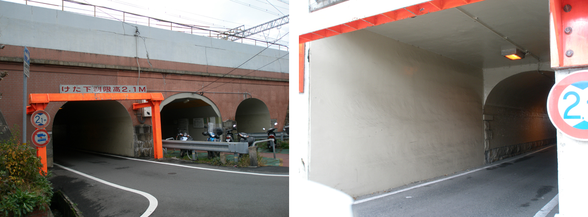 甲子園口駅東側の新堀川橋梁･･･レンガ積みのきれいなアーチ橋(写真左）だが、南側はコンクリートで1線分継ぎ足されている。武庫川線乗り入れのため線増(写真右）