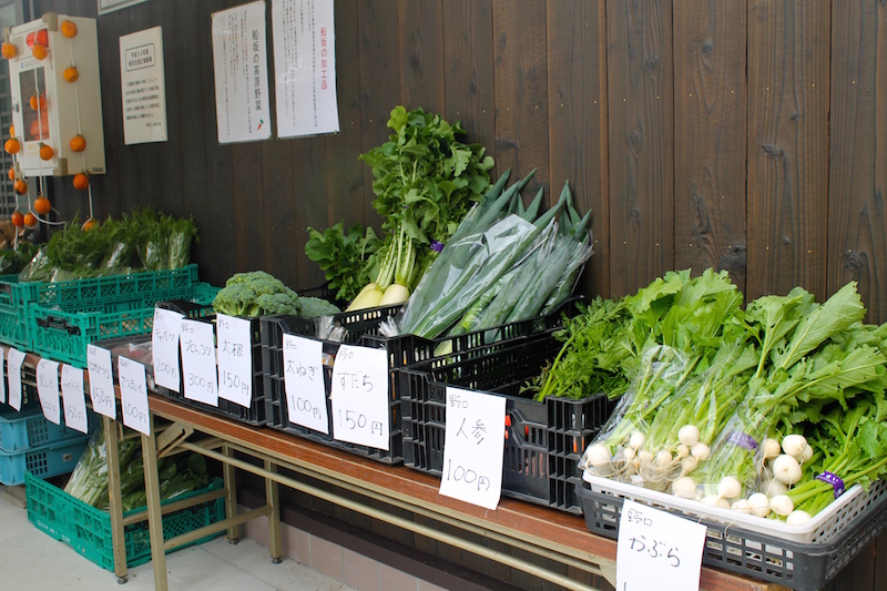 総合受付のランチルーム棟の前には　地元の方々の作ったお野菜がお出迎え。