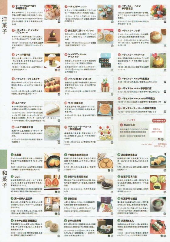 西宮の12の和菓子店と19の洋菓子店を掲載したイラストマップの店舗紹介ページ
